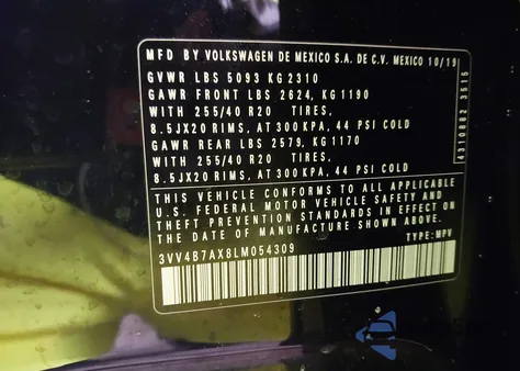 2020 Volkswagen Tiguan 2.0T Sel Premium R-Line from USA, damaged, VIN 3VV4B7AX8LM054309